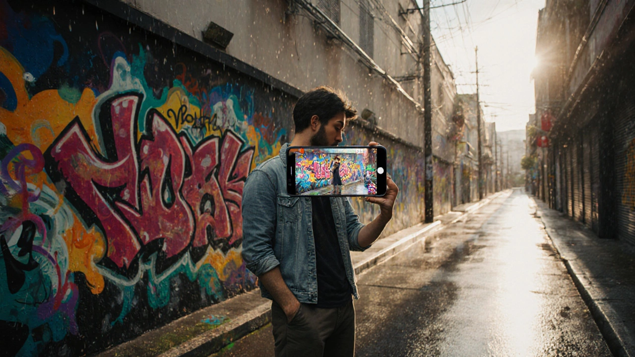 A solo traveler examines a street mural in Melbourne using an augmented reality app.