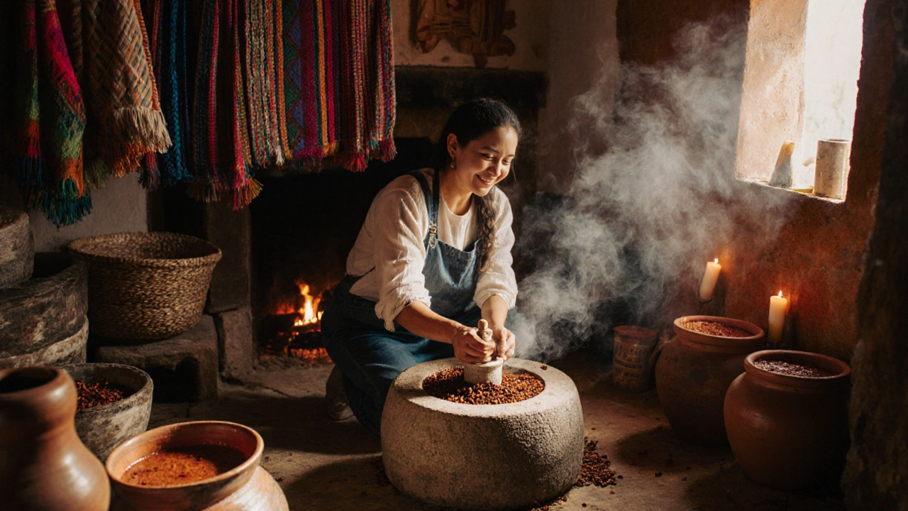 A visitor participates in making mole sauce with a family in a vibrant Oaxacan kitchen.