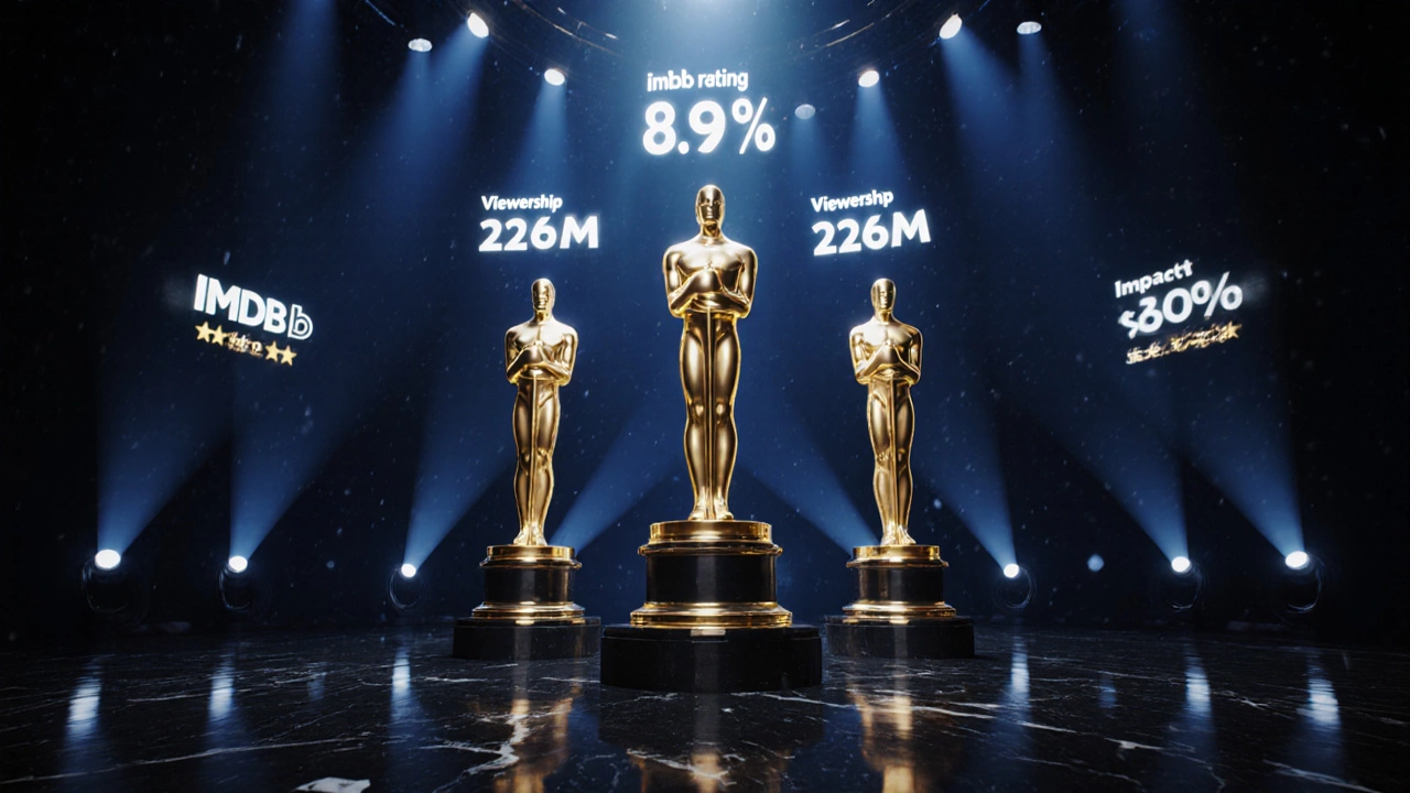 Award stage with towering golden statues and floating holographic rating numbers.
