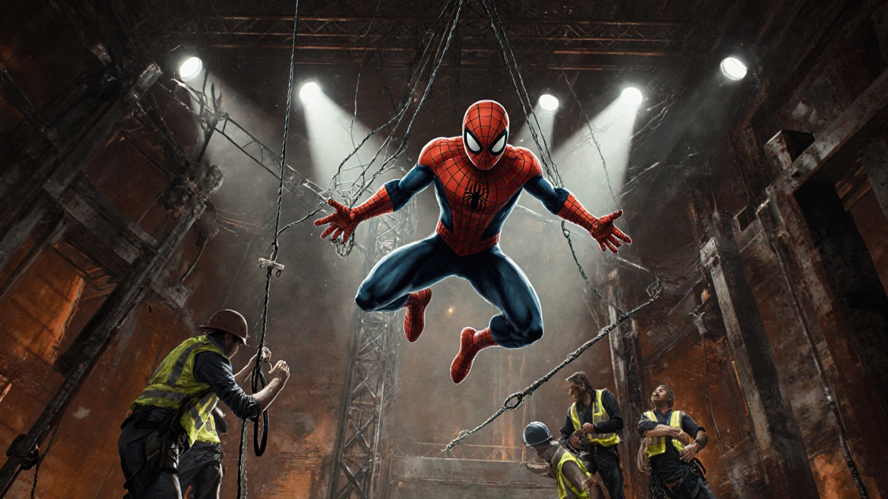 Backstage scene of aerial rigging failure with a suspended actor and crew scrambling to fix tangled cables.