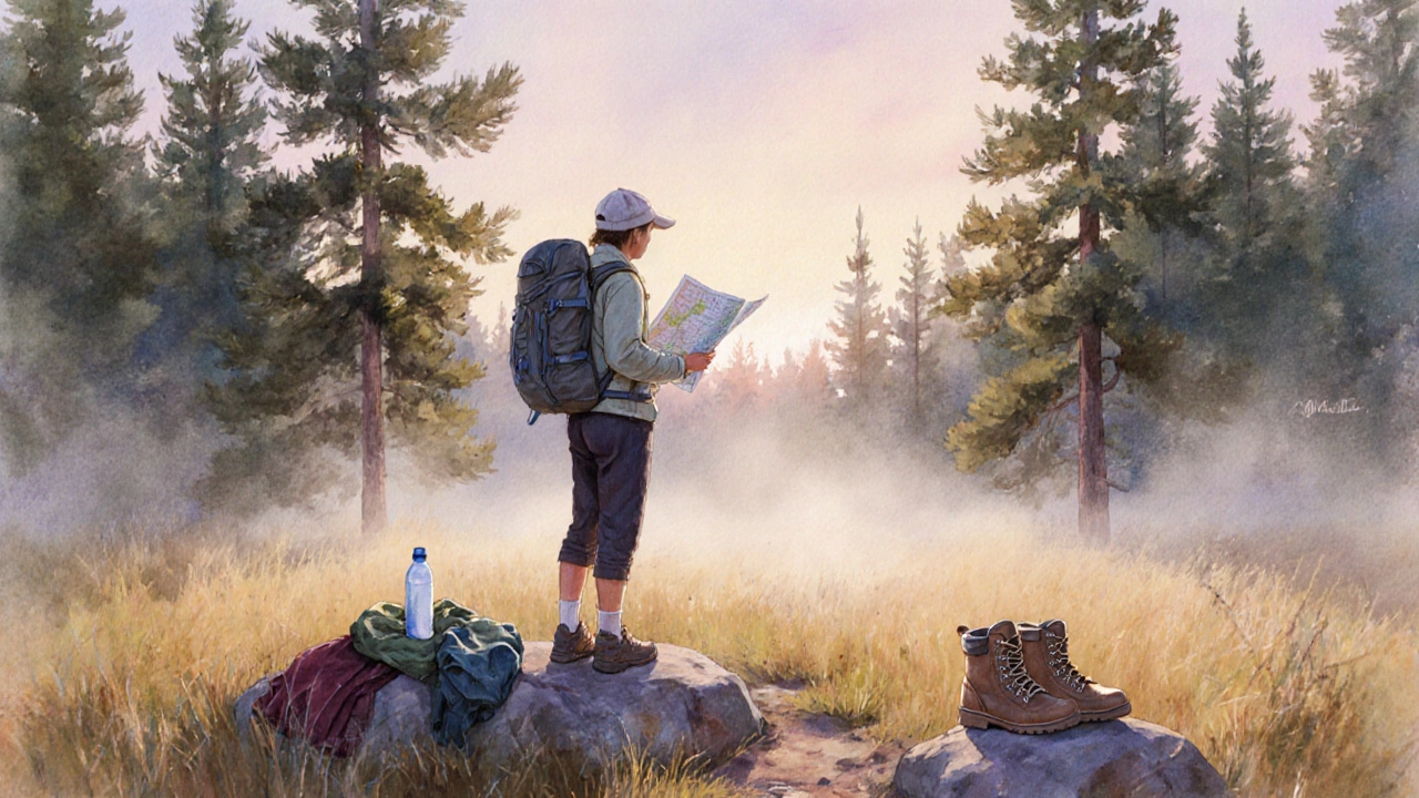 Beginner at trailhead at sunrise with gear ready, depicted in watercolor.