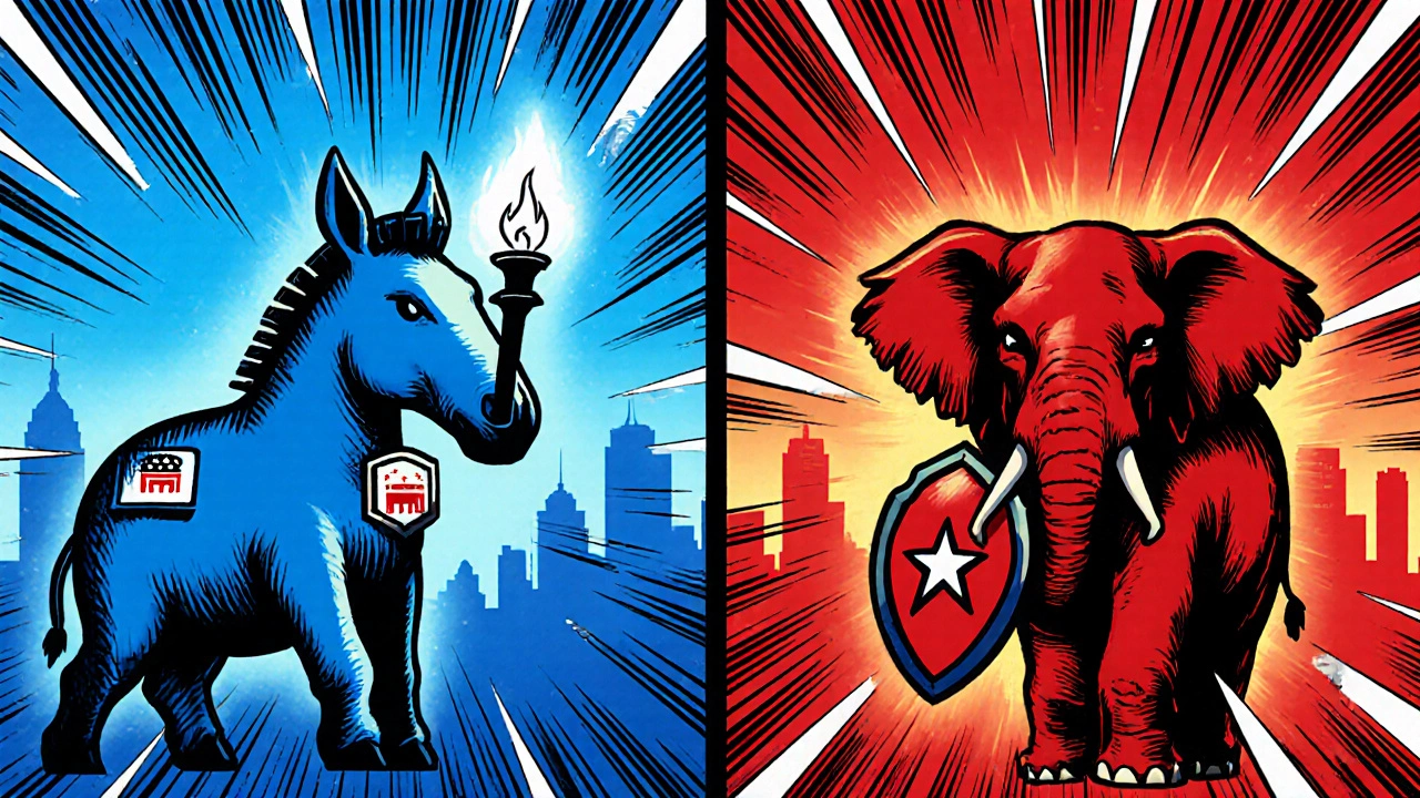 Blue side with donkey, red side with elephant in comic‑style split panel.