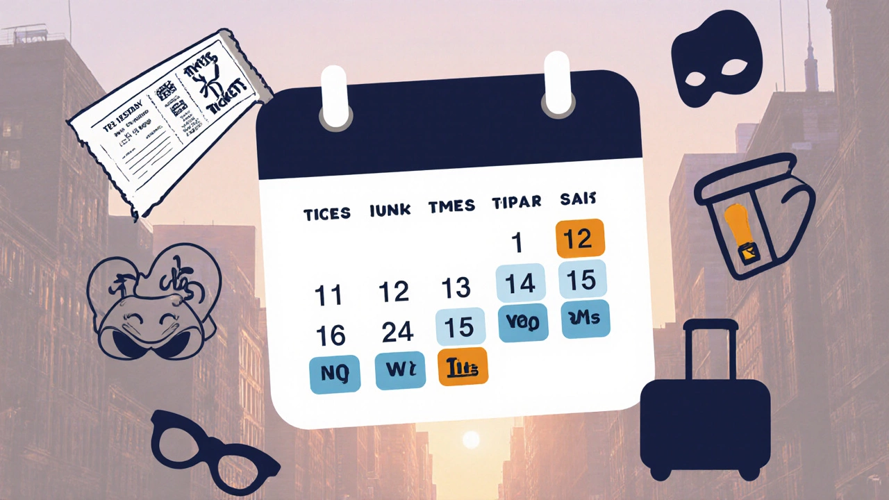 Collage of a weekly calendar highlighting discounted Broadway days with travel icons.