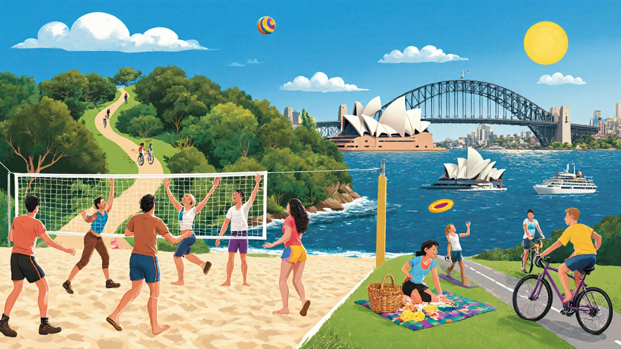 Collage of Sydney beach volleyball, park picnic, bushwalk, yoga, and cycling scenes.