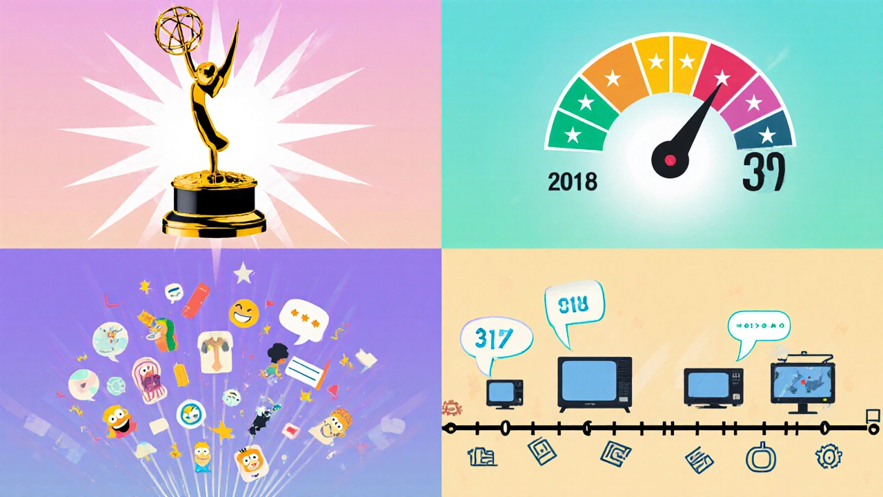 Collage showing trophy, rating gauge, meme ripple, and timeline icons.
