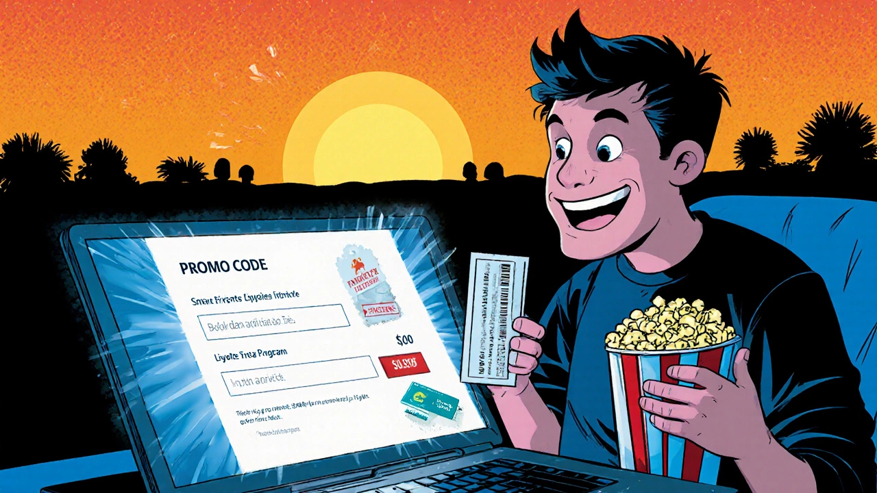 Comic‑style scene of a person buying a matinee ticket online, using a loyalty card and picking up popcorn.
