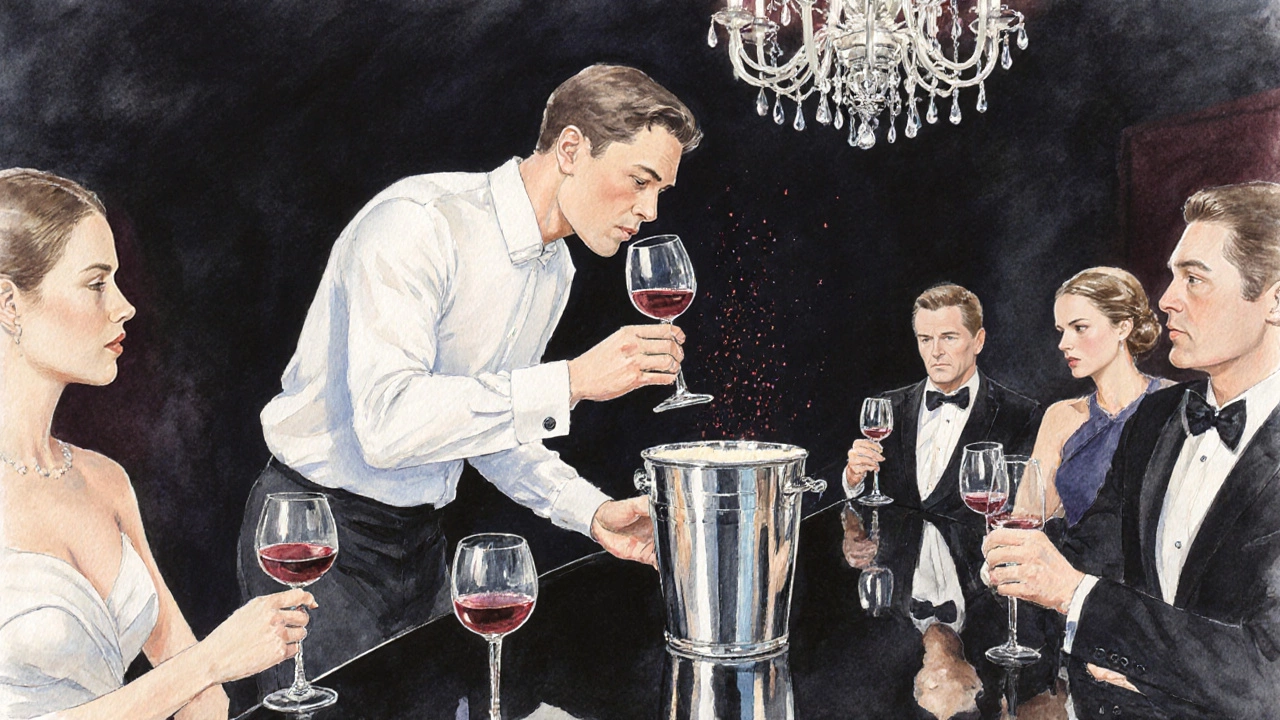 Elegant sommelier demonstrates spitting into a bucket at a formal tasting.