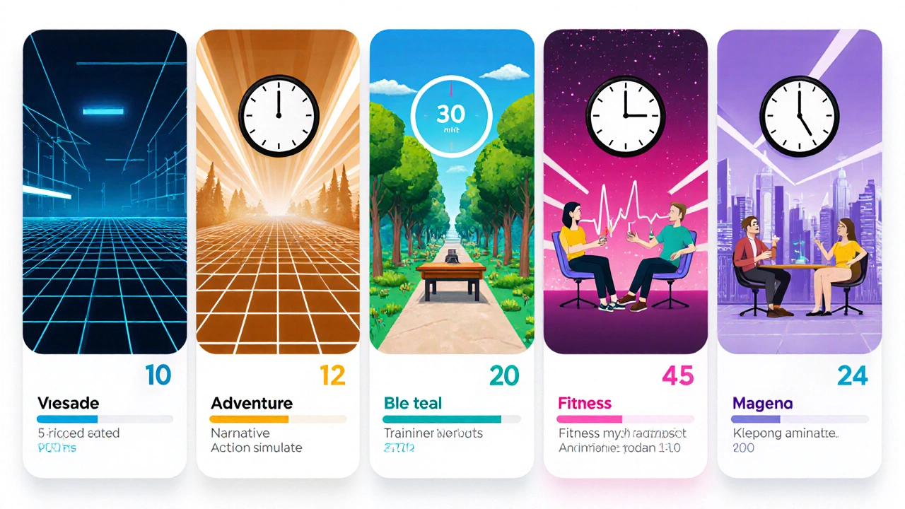 Five panels showing different VR experiences with timers and break icons for each type.