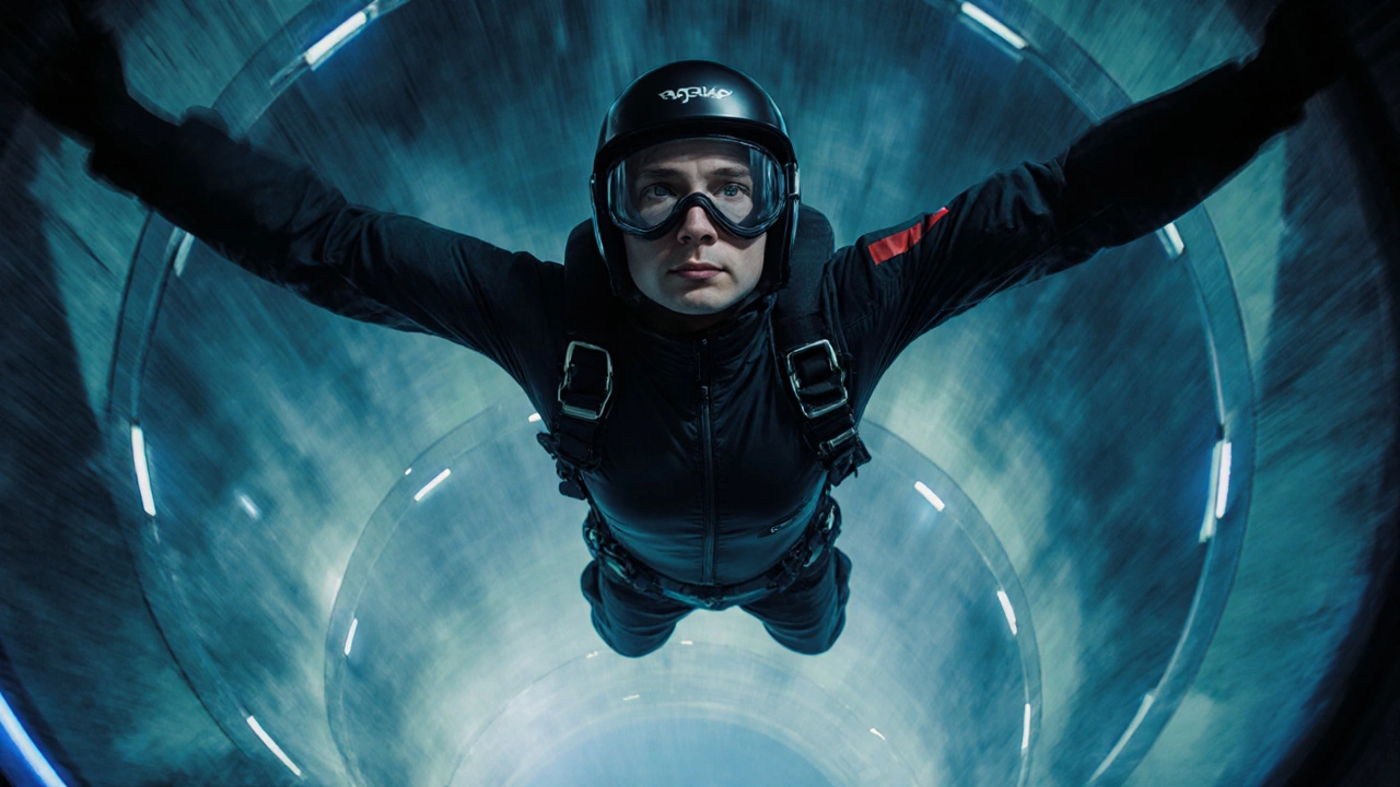 Flyer hovering in a lit indoor wind tunnel with motion blur.