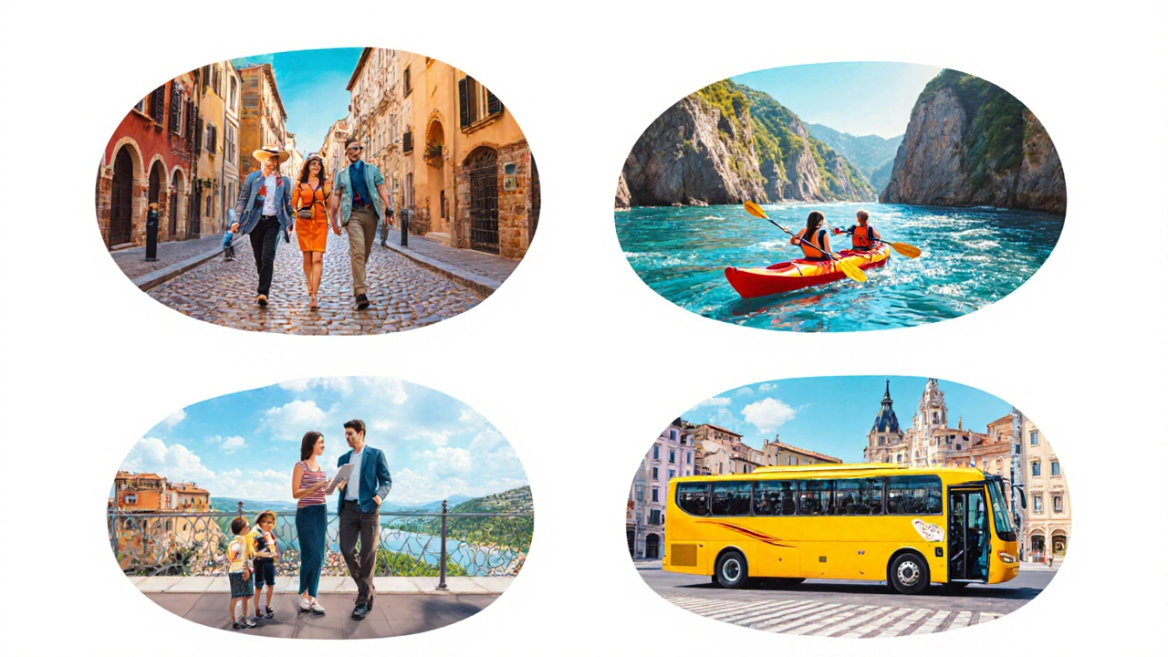 Four scenes showing city walking group, kayakers, private guide, and bus day‑trip tour.