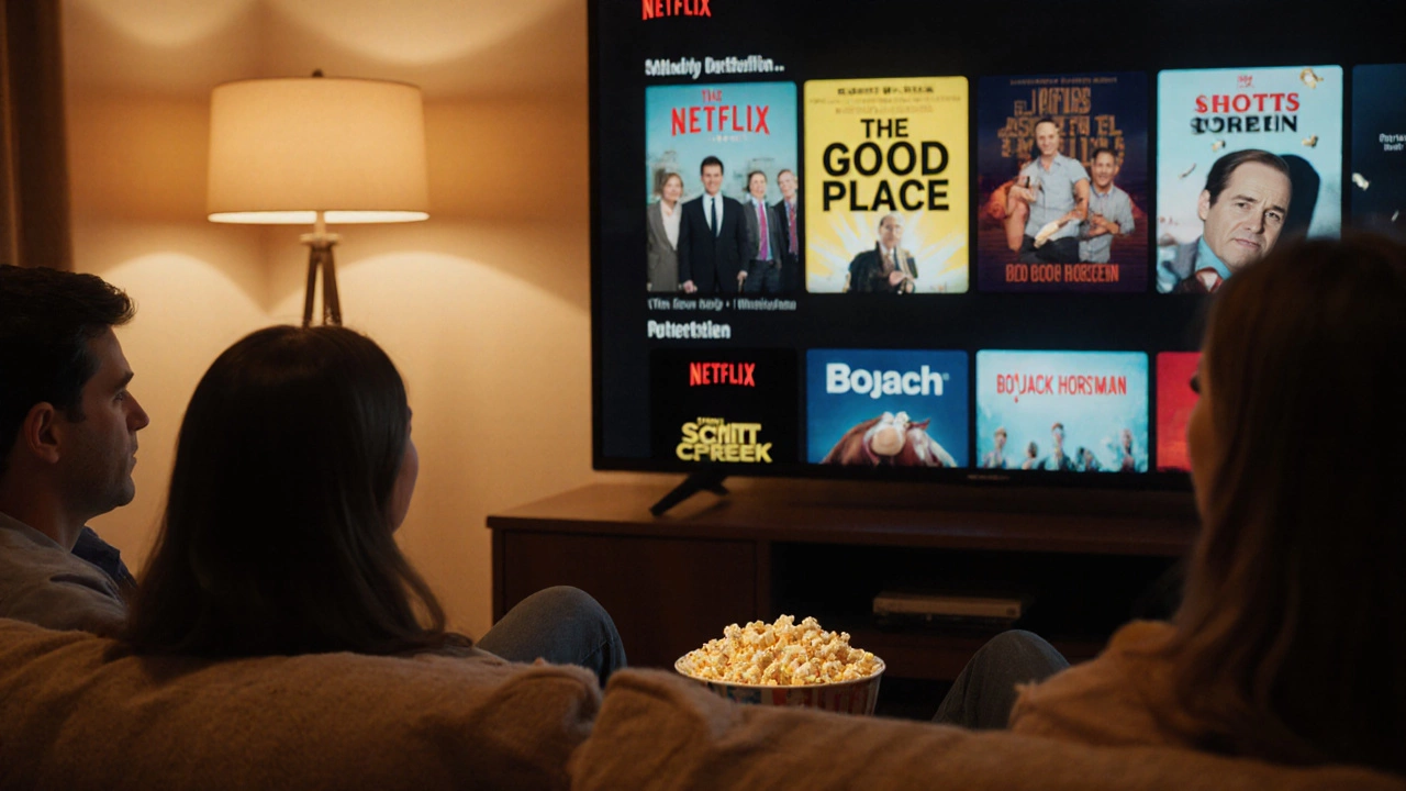 Friends enjoying popcorn while watching Netflix comedy titles on TV.