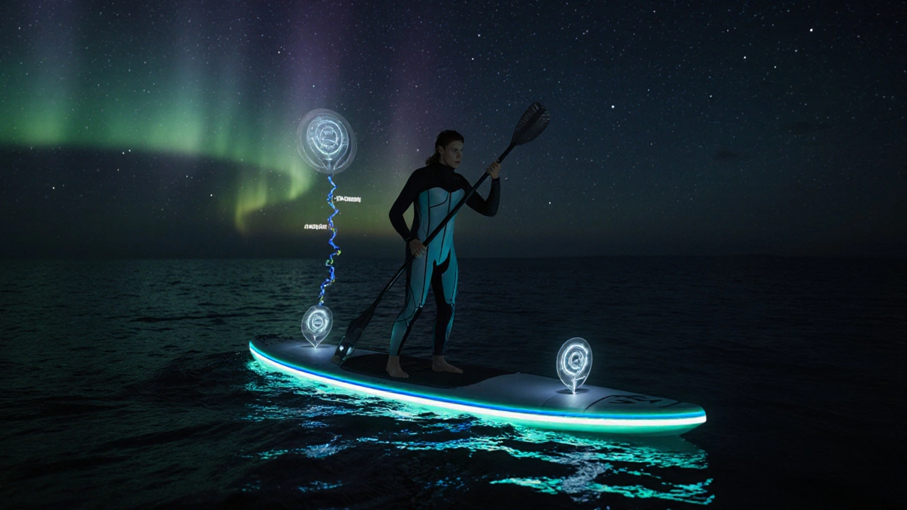 Futuristic electric SUP glowing at night with holographic display.