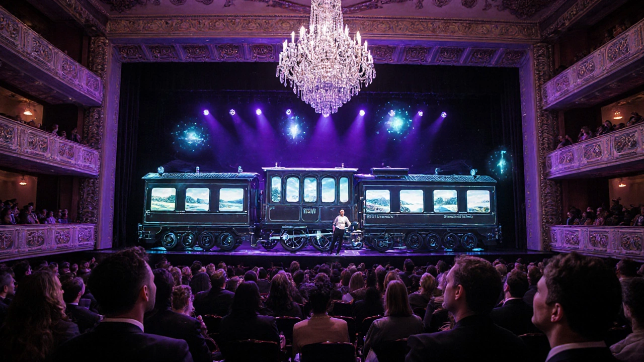 Futuristic stage of Murder on the Orient Express with LED projections and the classic chandelier.