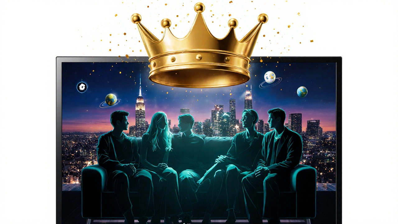 Golden crown above TV silhouette of six friends with city skyline.