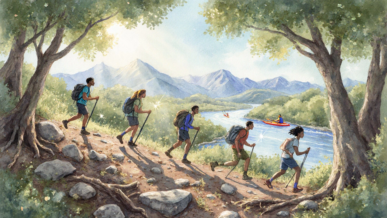 Group of hikers climbs a rocky trail under dappled sunlight, with a distant kayaker.