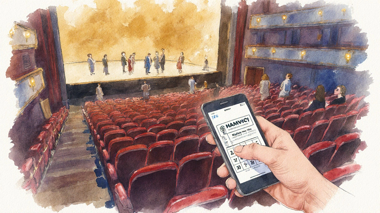 Half‑empty Broadway auditorium with warm lighting and a phone showing a lottery ticket.