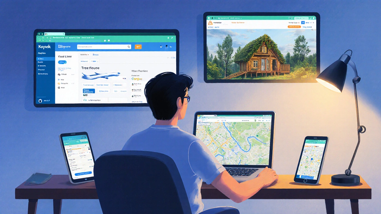 Home office with multiple devices showing flight, hotel, unique stay, and map apps.