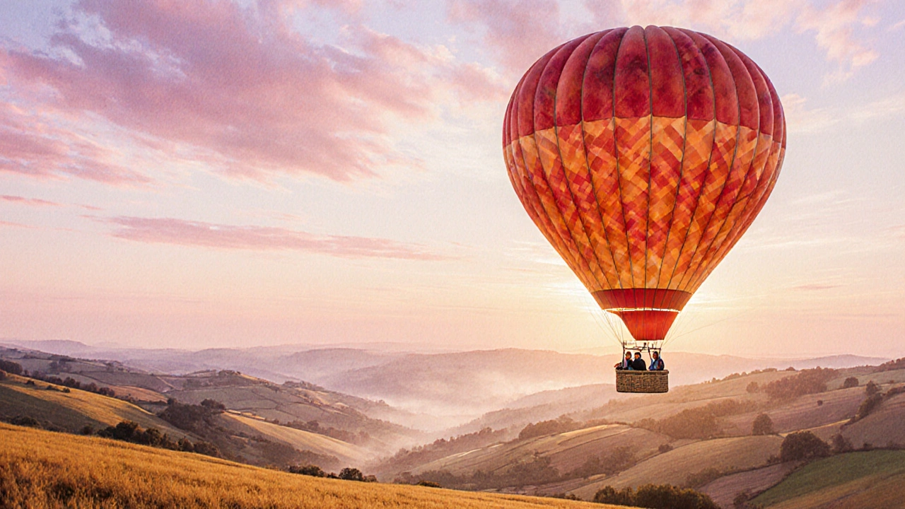 Hot‑air balloon sunrise over golden fields and misty valley.