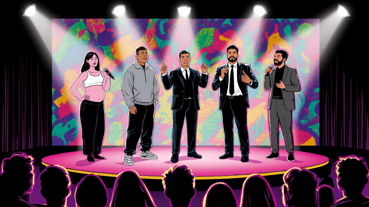 Illustrated lineup of five stand‑up comedians performing on stage.
