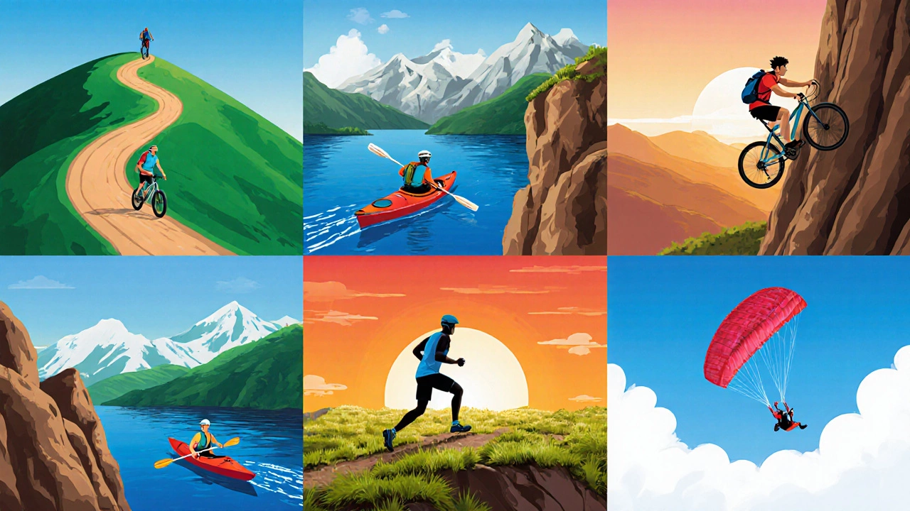 Illustrated panels showing hiking, cycling, kayaking, climbing, running, and paragliding.