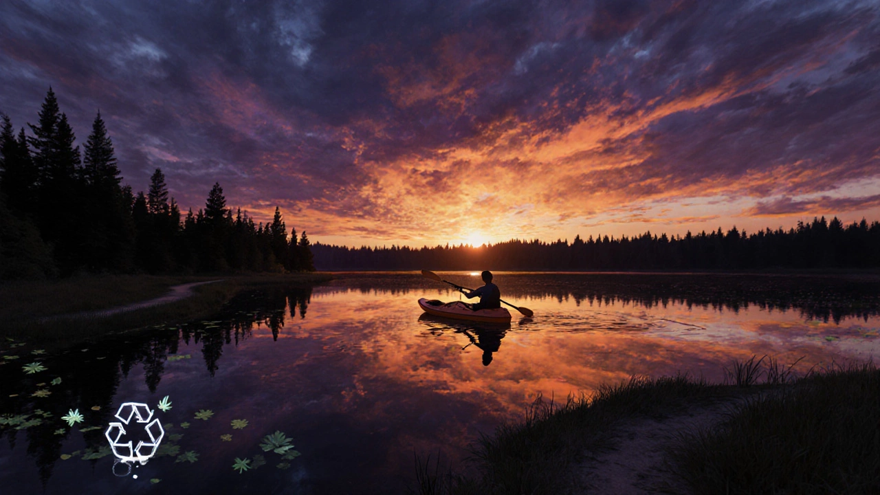 Kayaker paddles at sunset on a lake, reflecting vibrant sky and forest trail.