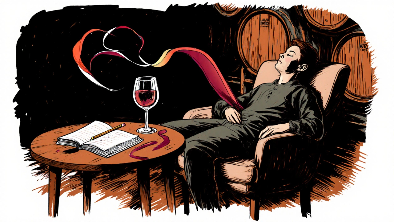 Line drawing of a person savoring wine, with a glass, notebook, and lingering aroma swirl in a cellar.