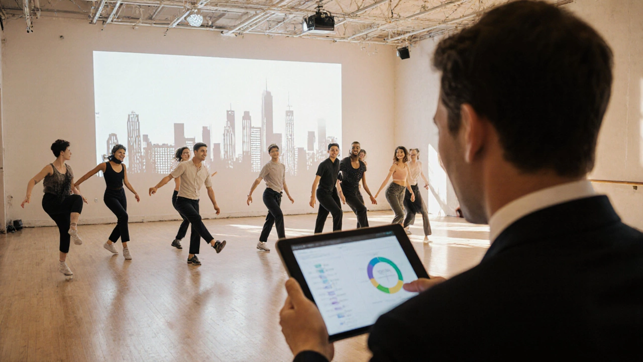 Minimalist rehearsal space with LED projection wall and producer reviewing a tablet, highlighting scaled‑down production.