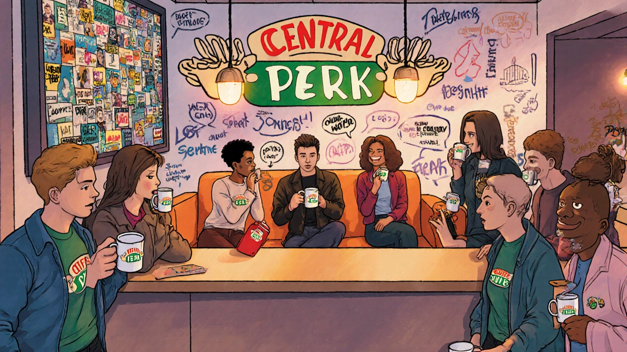 Modern coffee shop with a replica Central Perk couch, fans, and meme projections.