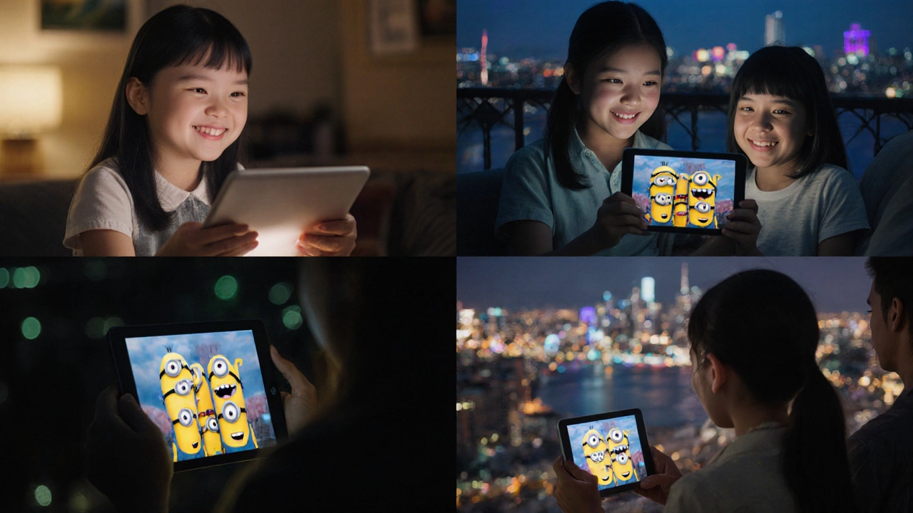 People around the world smiling while watching Minions on screens.