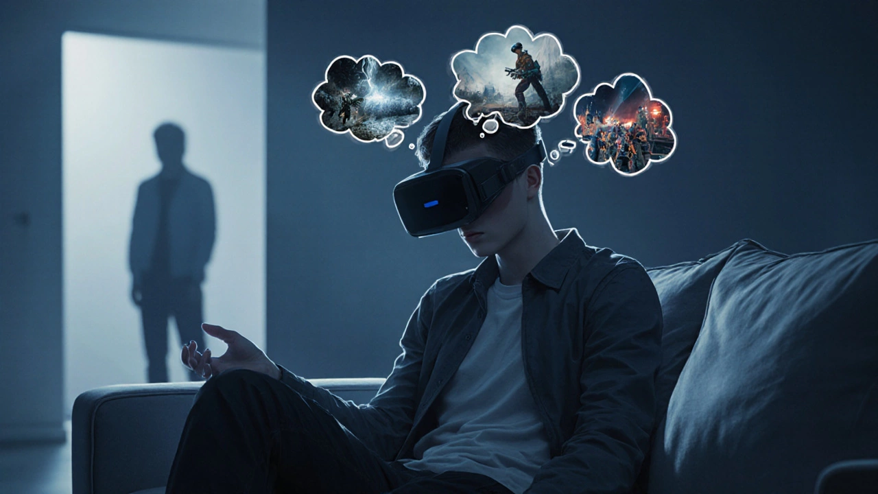 Person sits on a couch, headset off, with thought bubbles of VR scenes showing anxiety.