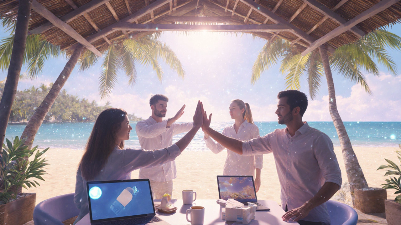 Remote team collaborating in a serene virtual beach office, interacting with a 3D model.