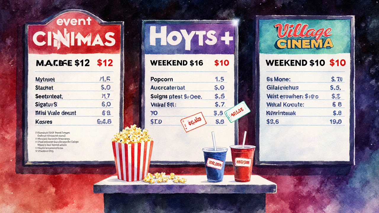 Side‑by‑side view of three Australian cinema ticket boards comparing matinee and evening prices, with a concession stand nearby.