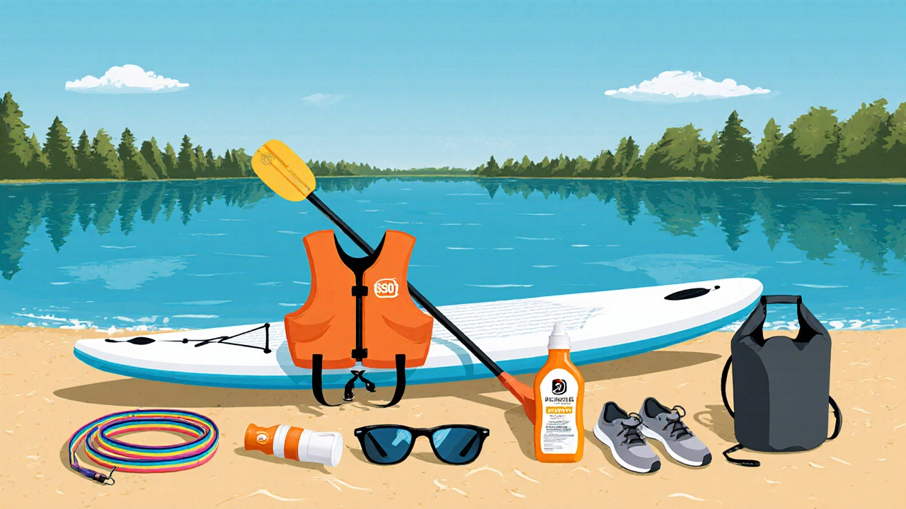Stand‑up paddleboard and gear laid out on a sandy shore.