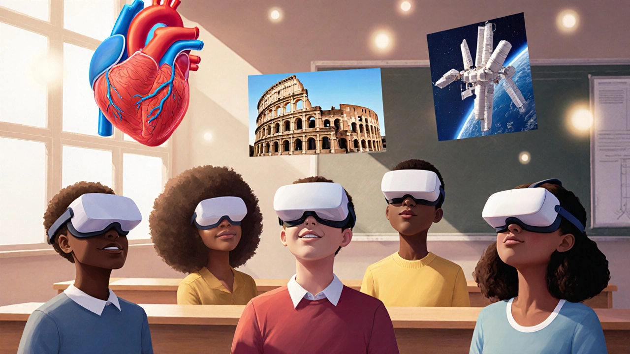 Students in a classroom immersed in virtual learning environments like the human heart and ancient Rome.