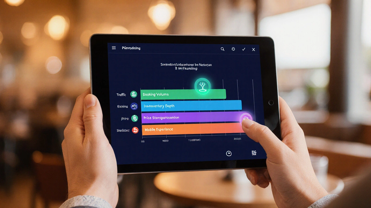 Tablet view of a sleek dashboard with glowing bars for travel ranking factors.