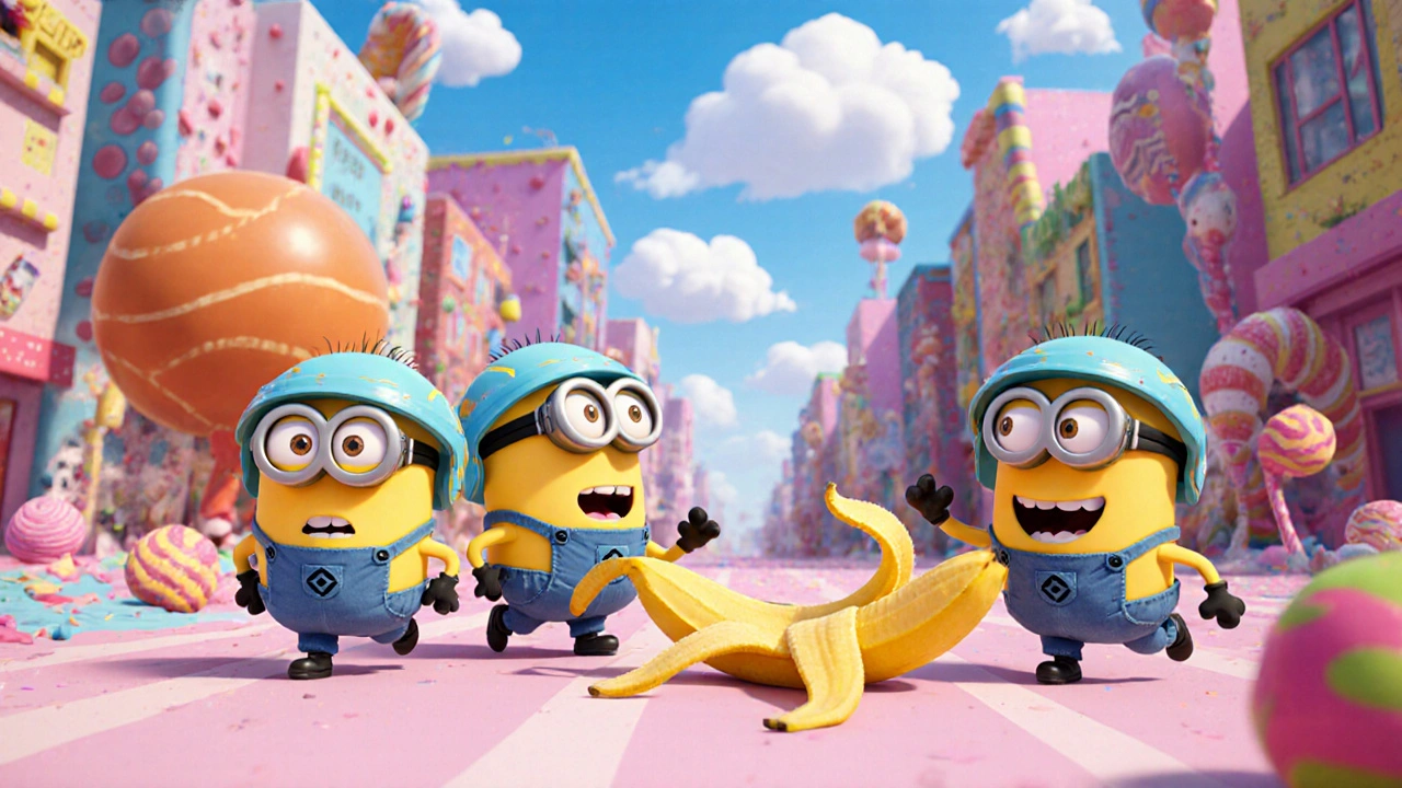 Three Minions chasing a banana in a whimsical candy-filled city.