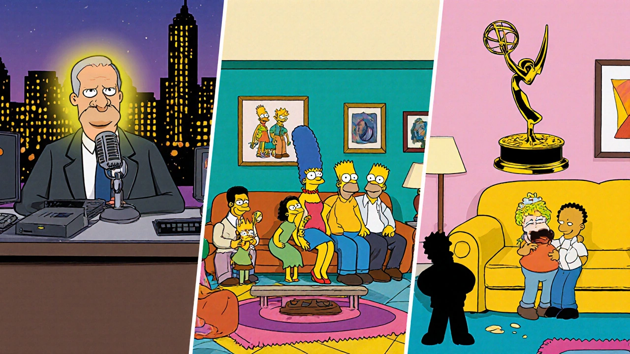 Three sitcom set scenes—Frasier, Modern Family, The Simpsons—each with an Emmy trophy above.