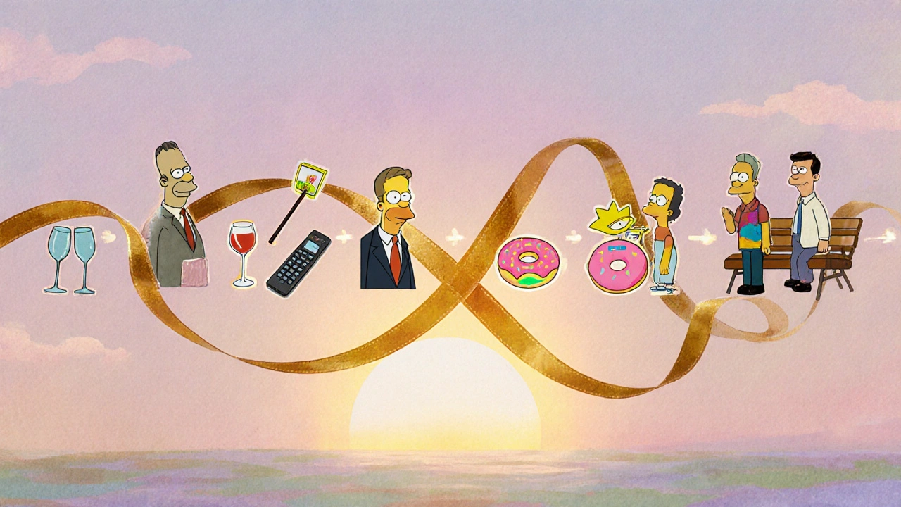 Timeline collage of iconic sitcom symbols showing the legacy of long‑running comedies.