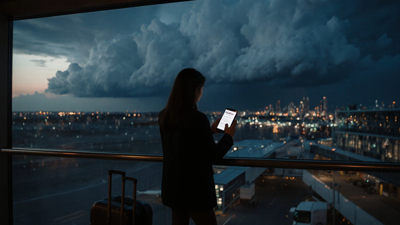 Traveler at airport balcony checking phone for a last‑minute deal as dusk settles.