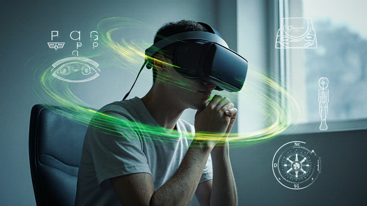 User wearing a VR headset looks nauseated with motion‑blur effects around them.