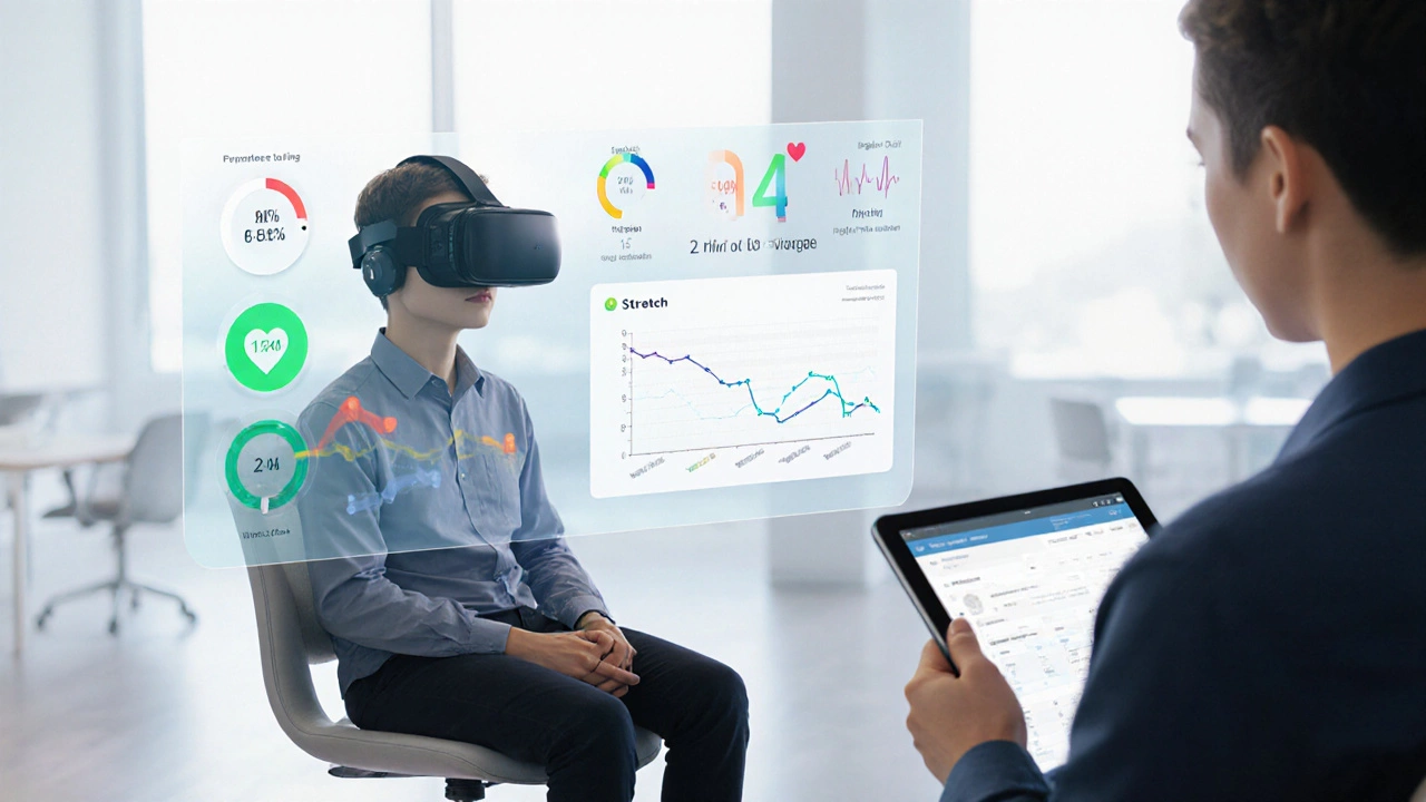 User wearing VR headset with overlay of comfort data and break prompts during testing.
