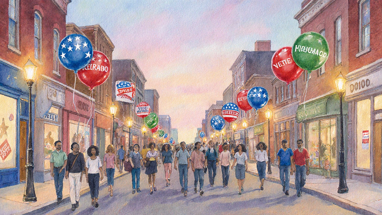 Voters walking with blue, red, green, and gold balloons in a street mural.