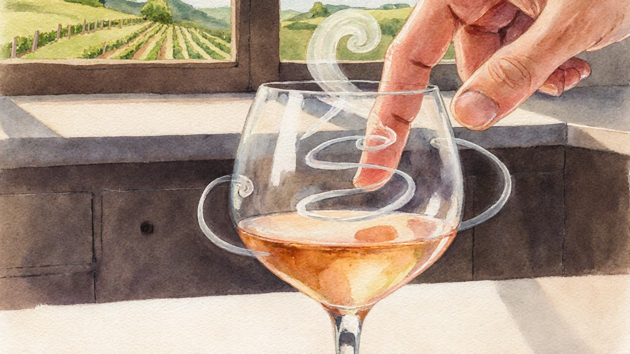 Watercolor of a hand swirling a glass, with pastel vapor curls rising to depict aroma release.