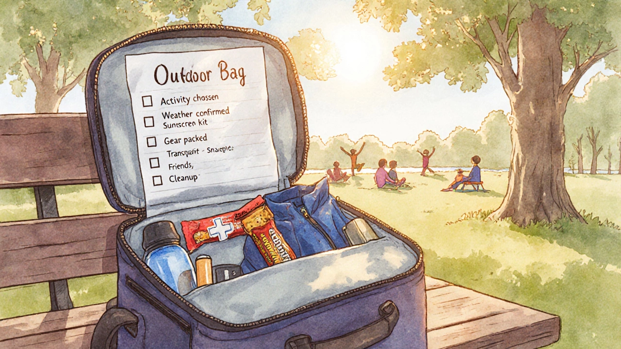 Watercolor of a packed outdoor bag with gear and checklist on a park bench.