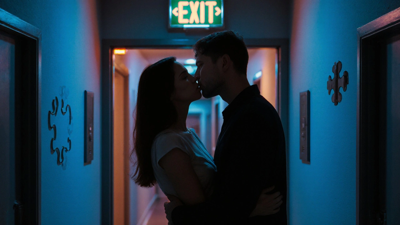 A couple sharing a quiet kiss just outside an escape room door, warm lighting highlighting their embrace.