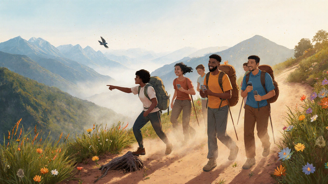 A diverse group hiking together on a trail, enjoying nature without devices.