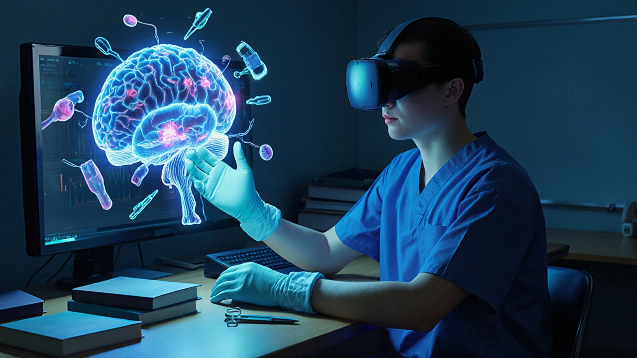 A medical student practicing virtual brain surgery with glowing holographic tools.