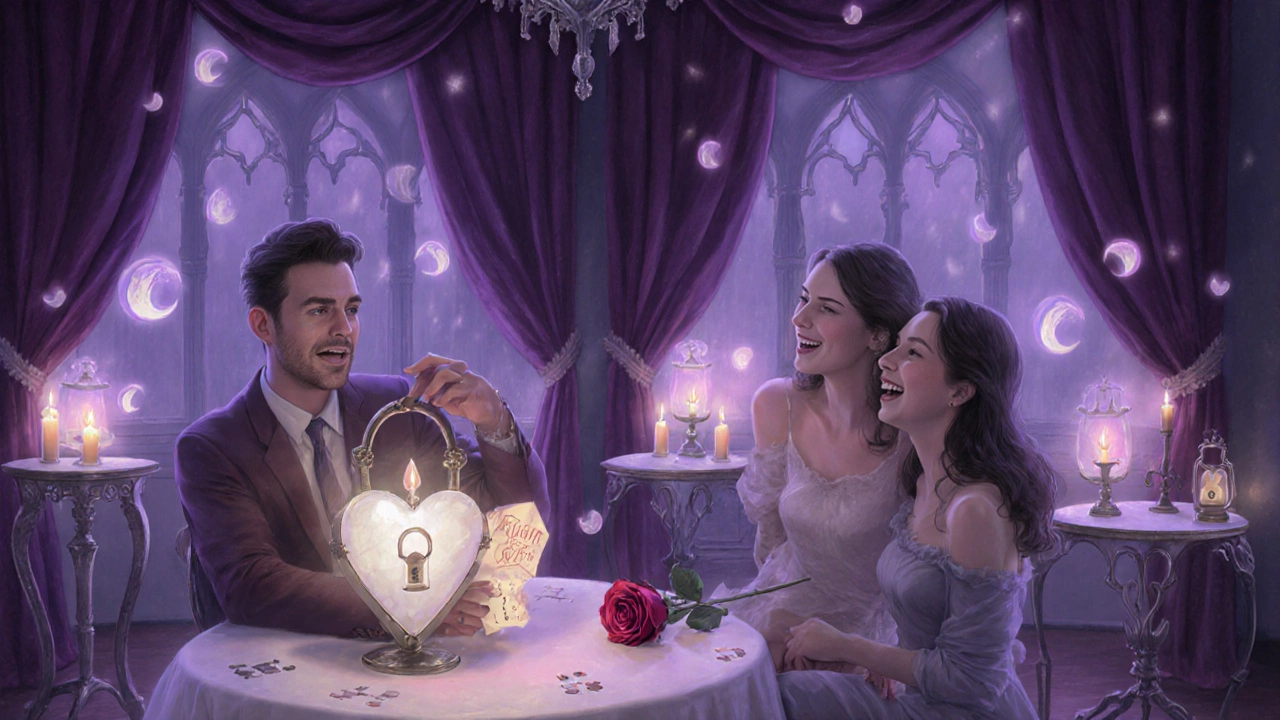 A romantic escape room with lanterns and velvet decor, a couple smiling as they solve a heart-shaped lock.