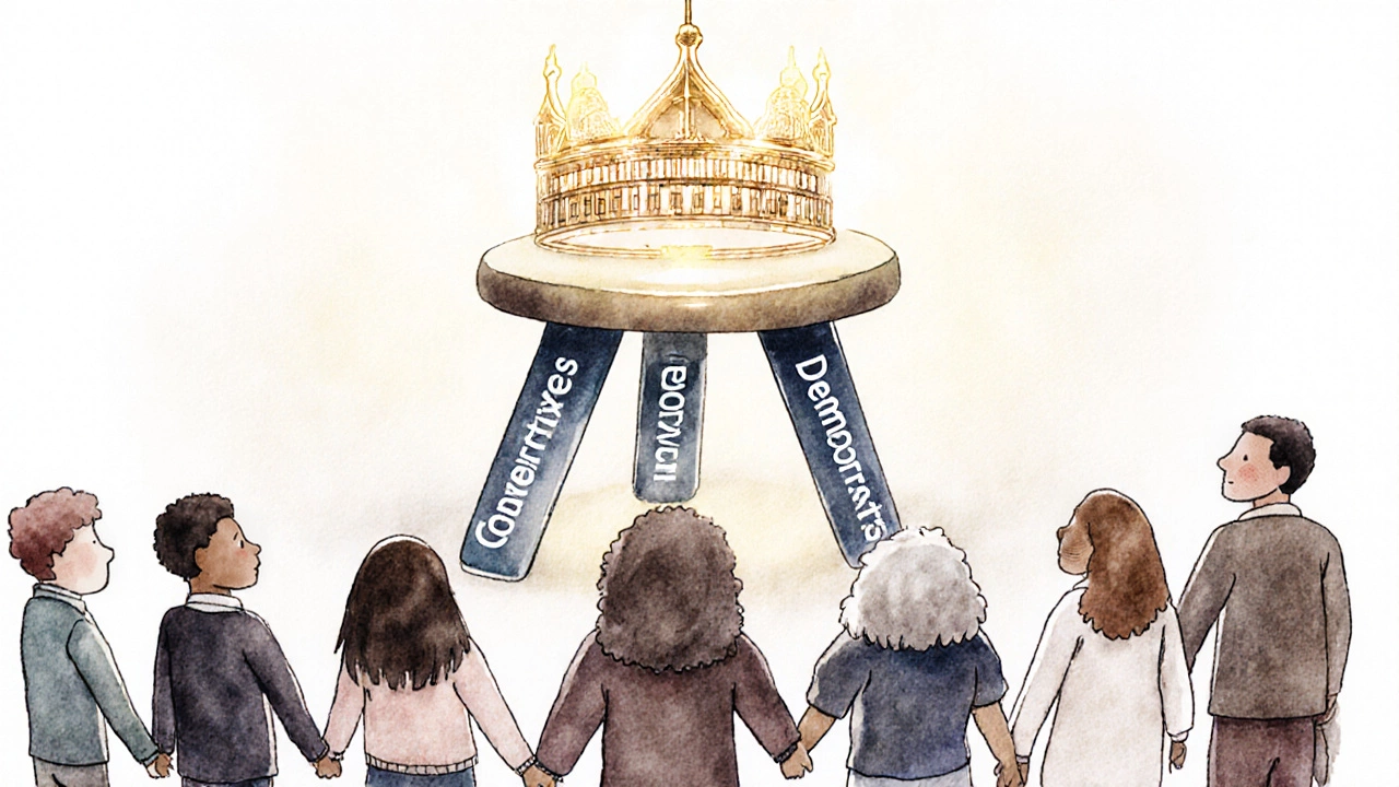 A symbolic three-legged stool representing balanced political power in a democratic system.