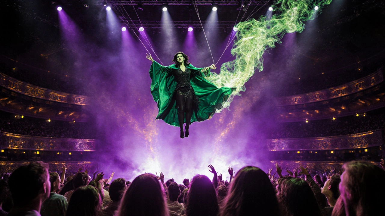 A woman flies high above a glowing Broadway stage, her cloak billowing as golden fire trails behind.